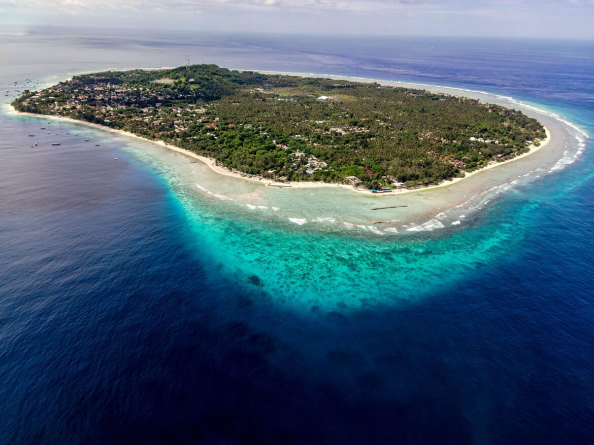 Aerial view of the tropical Gili Islands with lush greenery and turquoise waters.