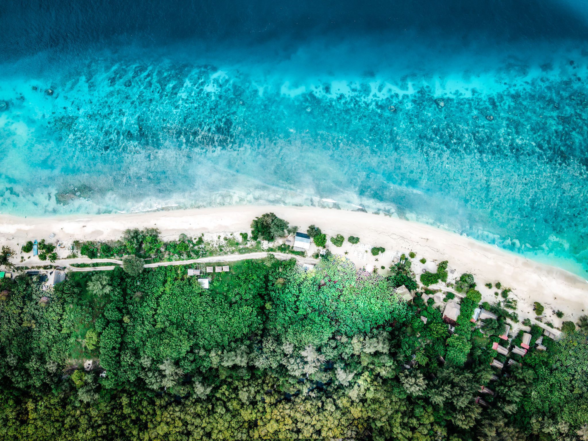 Aerial view of lush greenery and turquoise shoreline in Gili Islands.