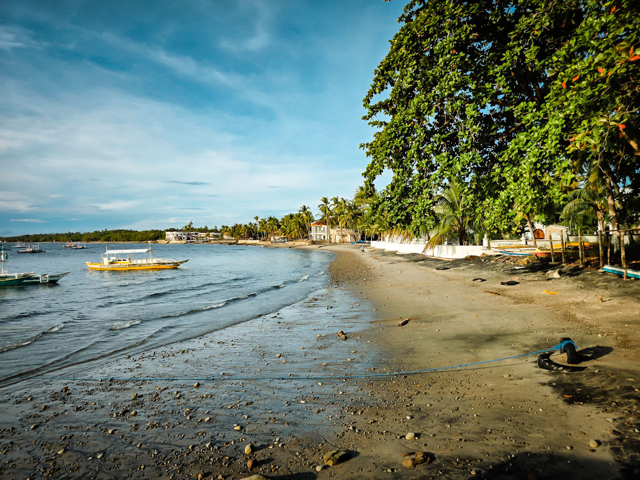 Sandy beach in Dumaguete, Philippines, lined with trees and boats under a clear blue sky.