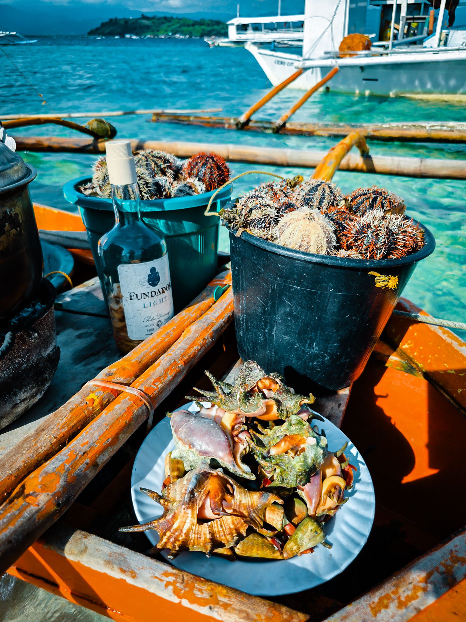 Fresh seafood and liquor on a boat in Dumaguete, Philippines, with ocean and island views.