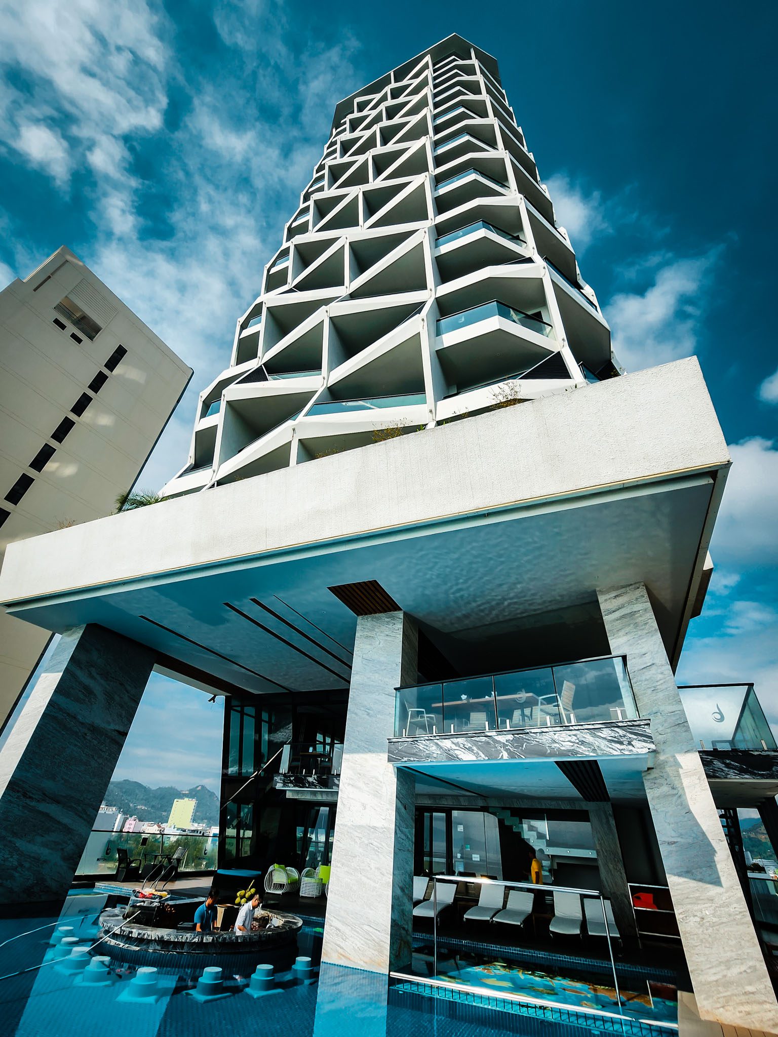 Modern high-rise hotel with unique architecture in Nha Trang, Vietnam.