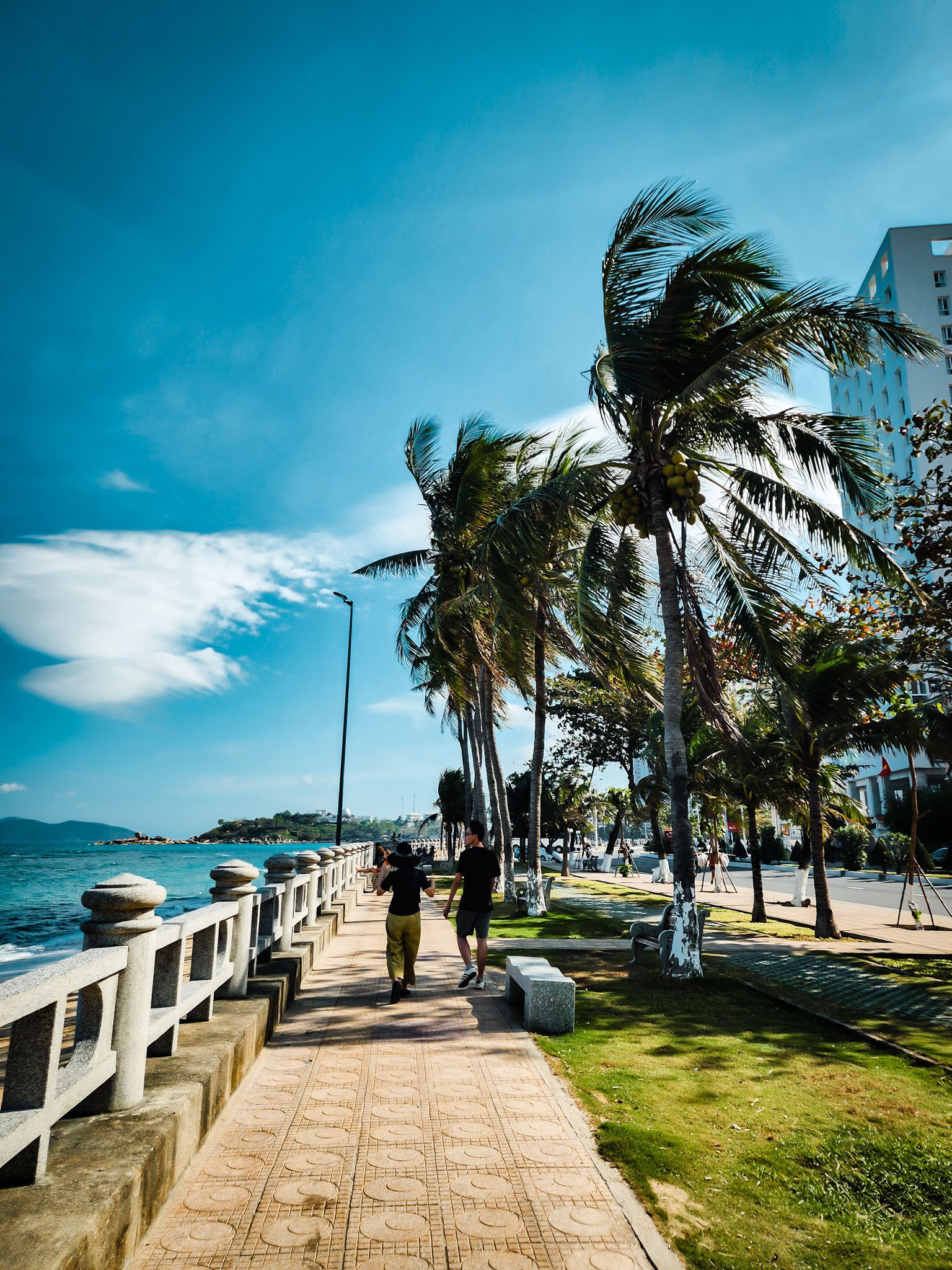 Sunny seaside promenade with palm trees and people strolling in Nha Trang.